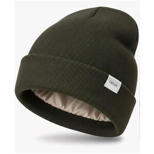 CANIFA Satin Lined Beanie Dark Green Winter Knit Hat Slouchy Hair Care Unisex